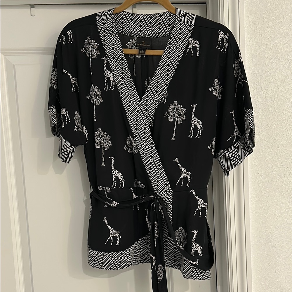 Worthington Black and White Wrap Blouse with Tie Front